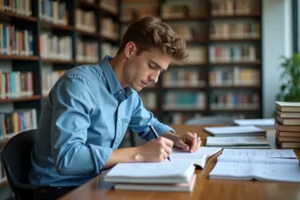 Jeune homme concentré en étudiant des équations dans une bibliothèque