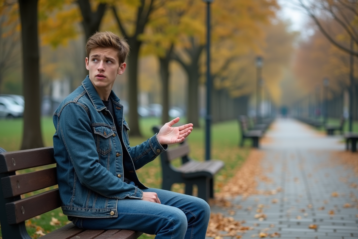 Jeune homme en plein air sur un banc dans un parc