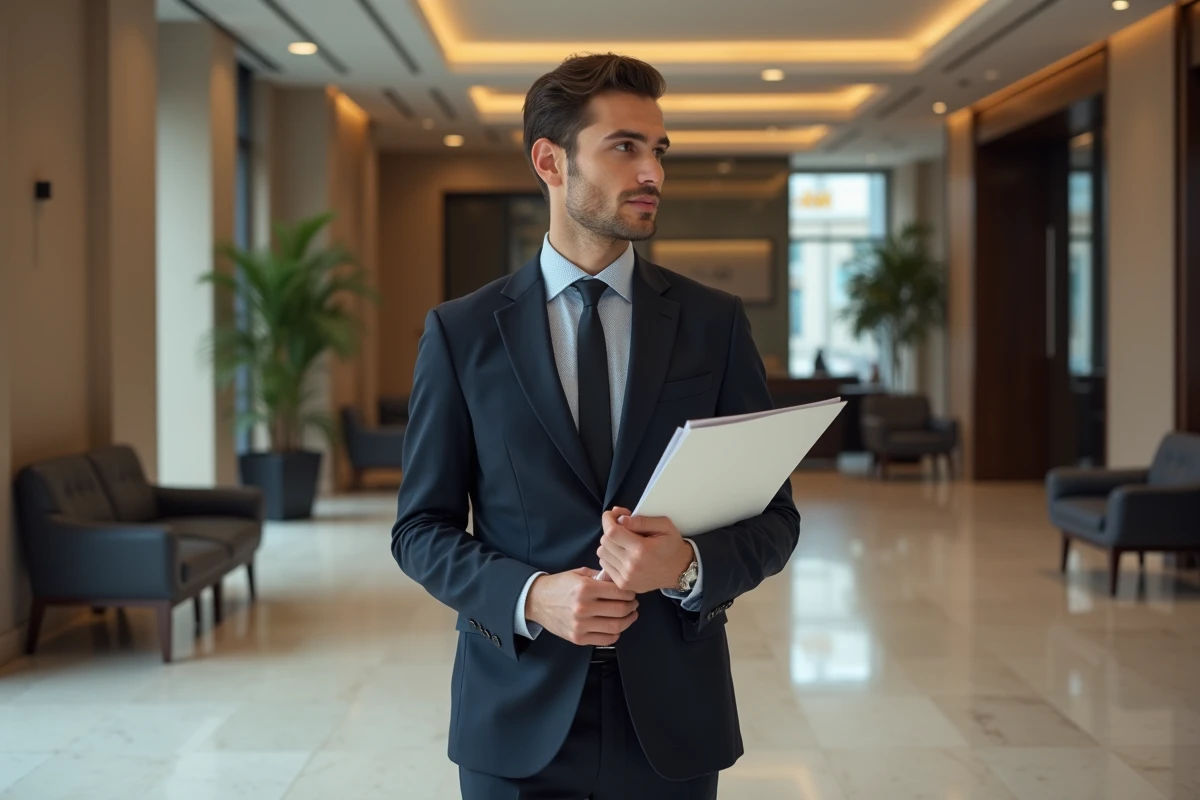 Jeune homme en costume dans un espace de réception professionnel
