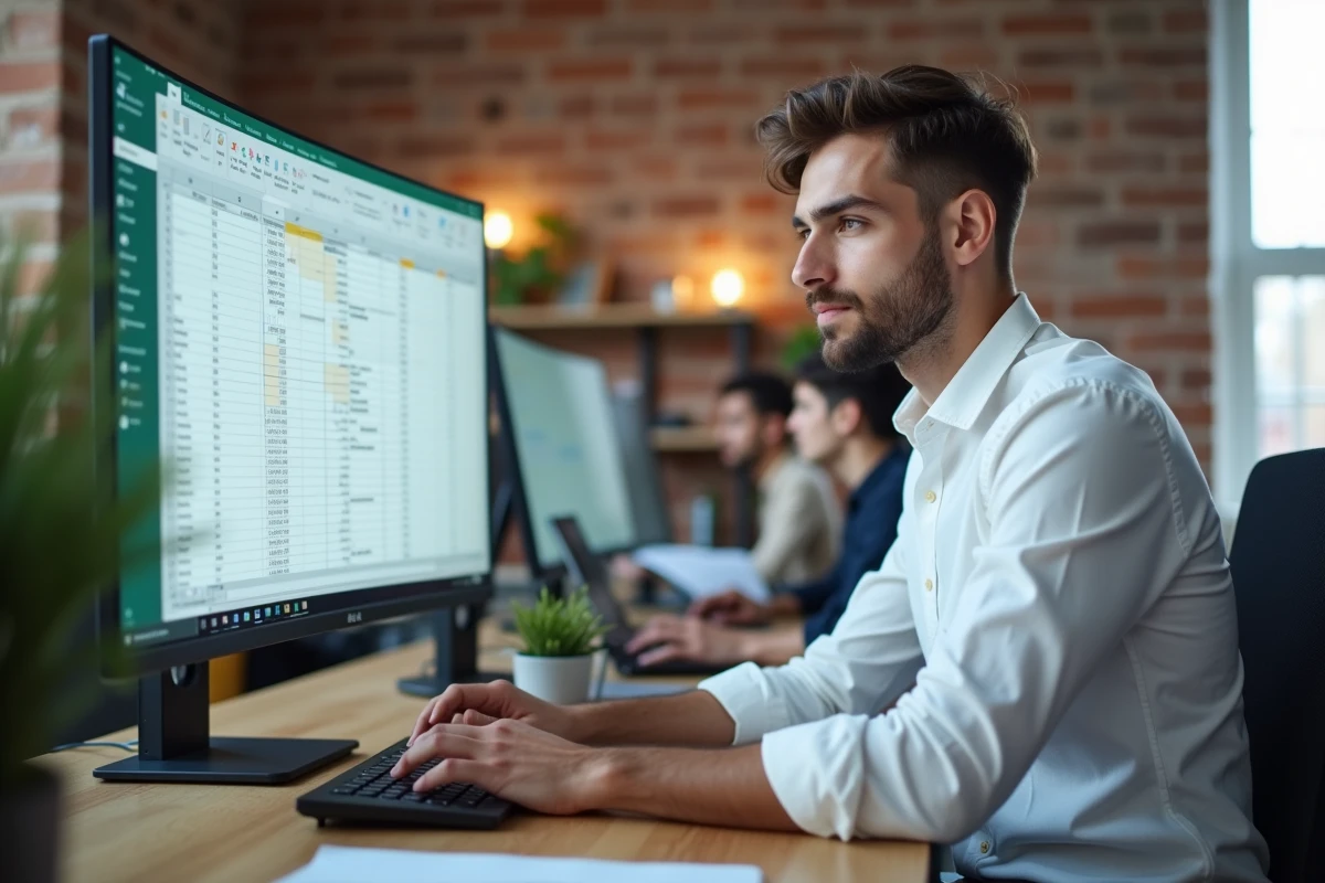 Jeune homme en bureau open space saisissant des données dans un tableau Excel sur grand écran