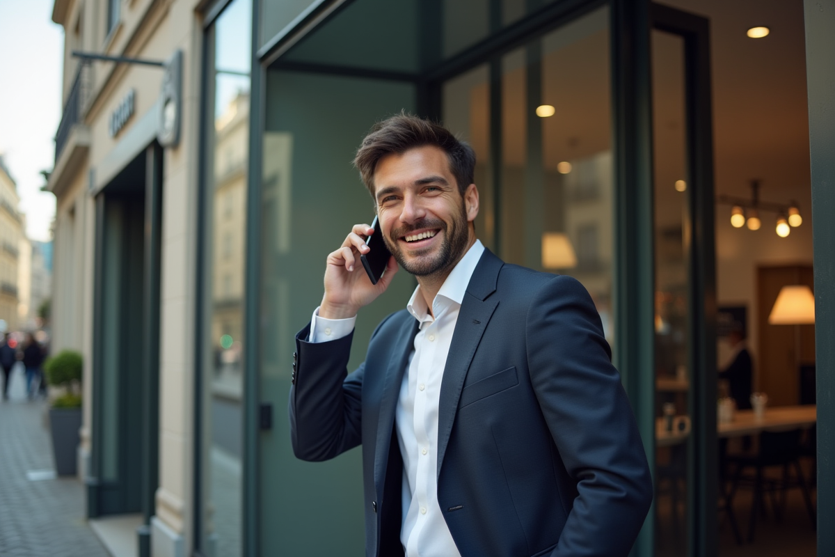Jeune homme français parlant au téléphone devant une startup parisienne