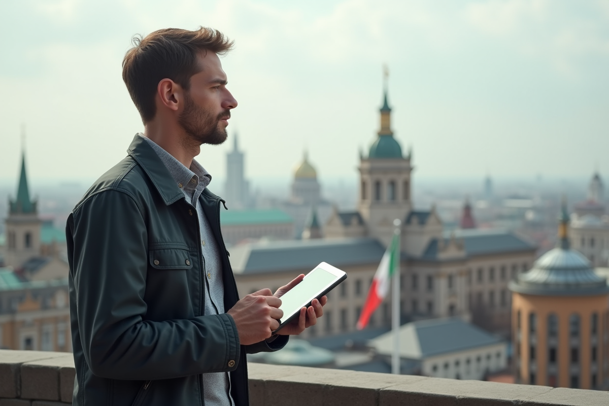 Jeune homme regardant la skyline depuis un rooftop urbain