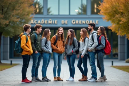 Groupe de lycéens souriants devant le lycée à Grenoble