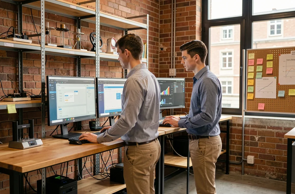 Étudiants en école de commerce travaillant sur des interfaces numériques dans un laboratoire d'innovation de campus