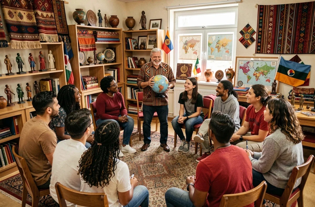 Groupe multiculturel d'adultes en discussion interculturelle dans une salle ornée d'objets du monde entier