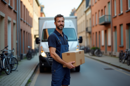 Livreur français avec van blanc et boîte dans une rue urbaine