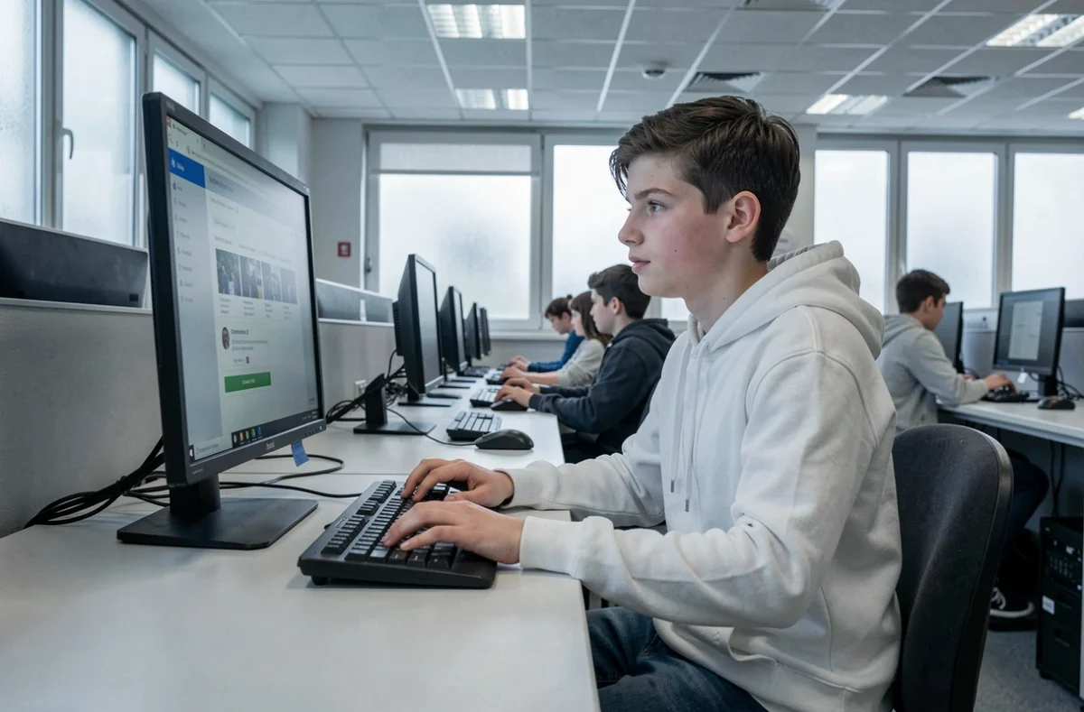 Lycéen utilisant le portail numérique Toutatice mis à jour dans une salle informatique d'un lycée breton