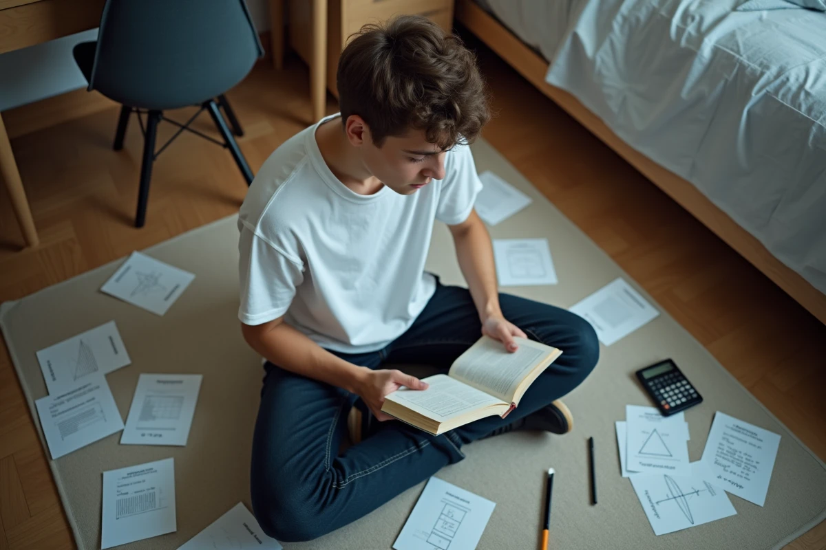 Lycéen révisant les formules trigonométriques cos cos sin sin avec des fiches de révision sur le sol de sa chambre