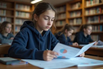 Lycéenne révisant ses fiches de bac général 2026 dans une bibliothèque scolaire, illustrant les coefficients et matières au baccalauréat