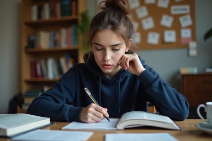 Lycéenne anxieuse révisant la philosophie avec ses notes et manuels scolaires avant le baccalauréat