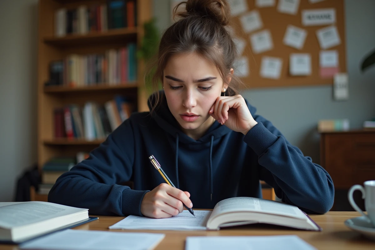 Lycéenne anxieuse révisant la philosophie avec ses notes et manuels scolaires avant le baccalauréat
