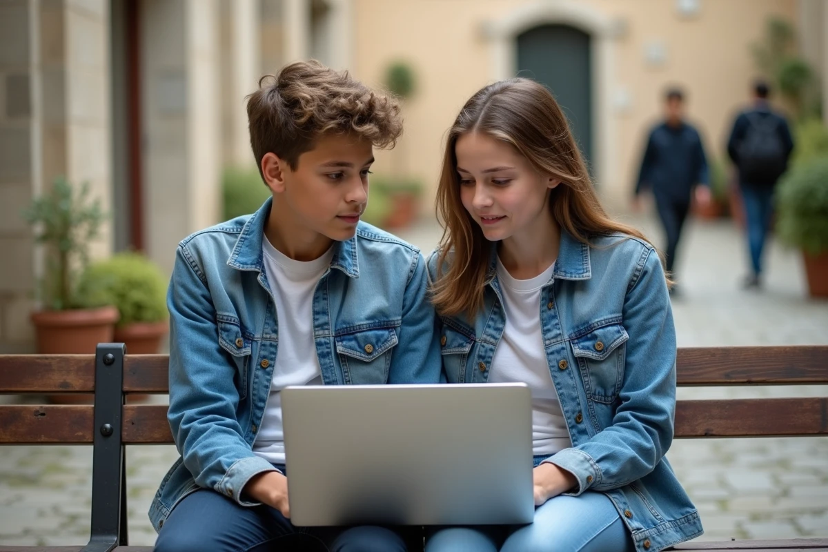 Deux lycéens consultant ensemble les coefficients du bac général 2026 sur un ordinateur portable dans la cour de leur lycée