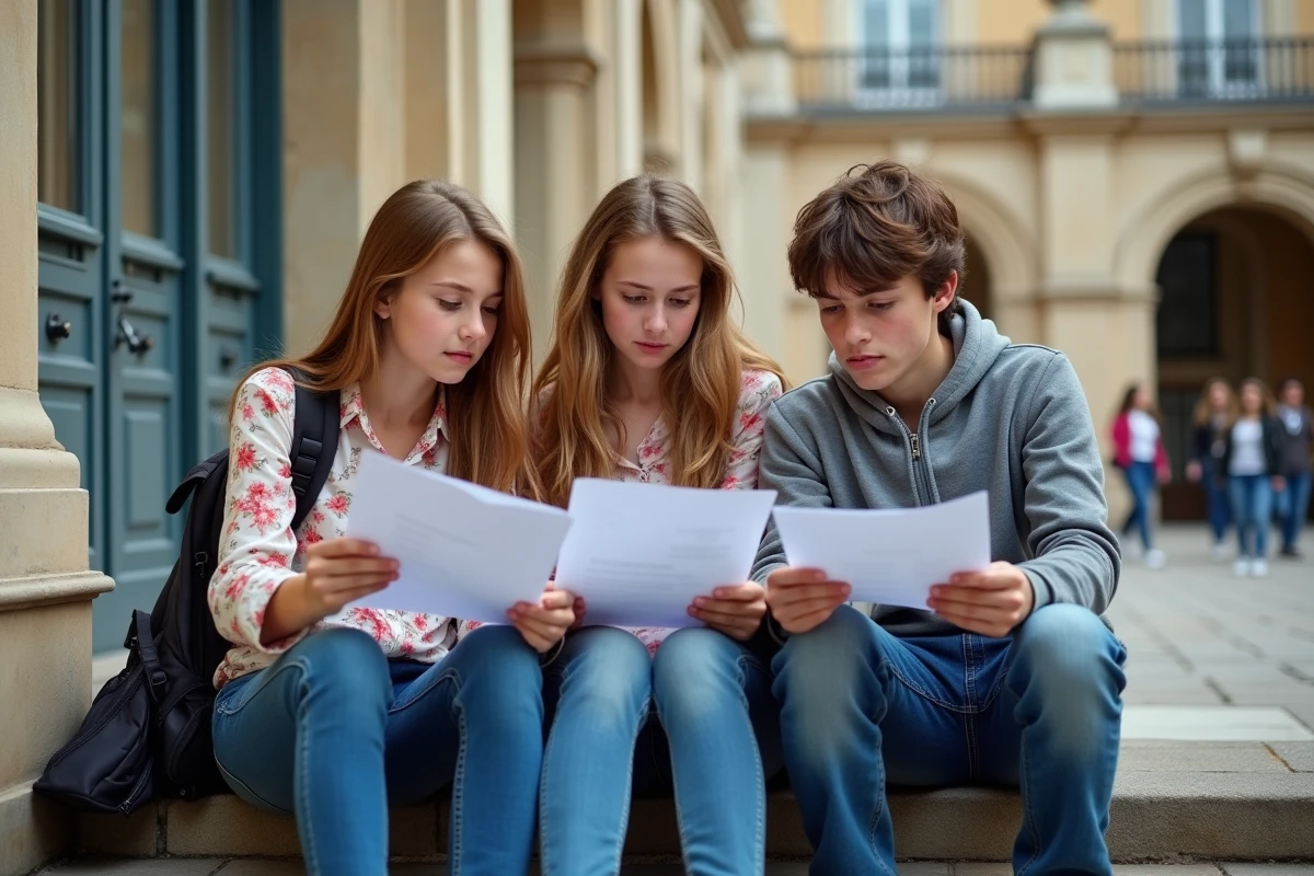 Trois lycéens comparant leurs résultats d'examen de philosophie sur les marches de leur école