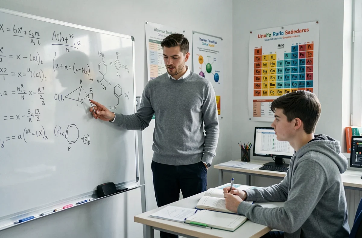Un professeur de sciences de Majorant explique des équations de physique et de chimie à un lycéen parisien