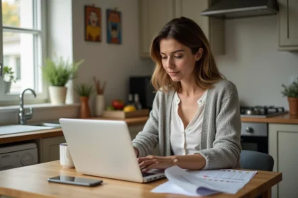Maman concentrée sur son ordinateur dans la cuisine lumineuse