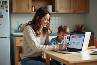 Maman et enfant souriants devant un ordinateur à la maison