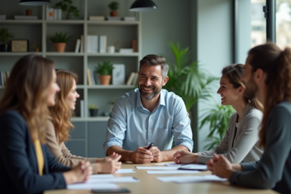 Manager en réunion avec équipe dans un bureau moderne