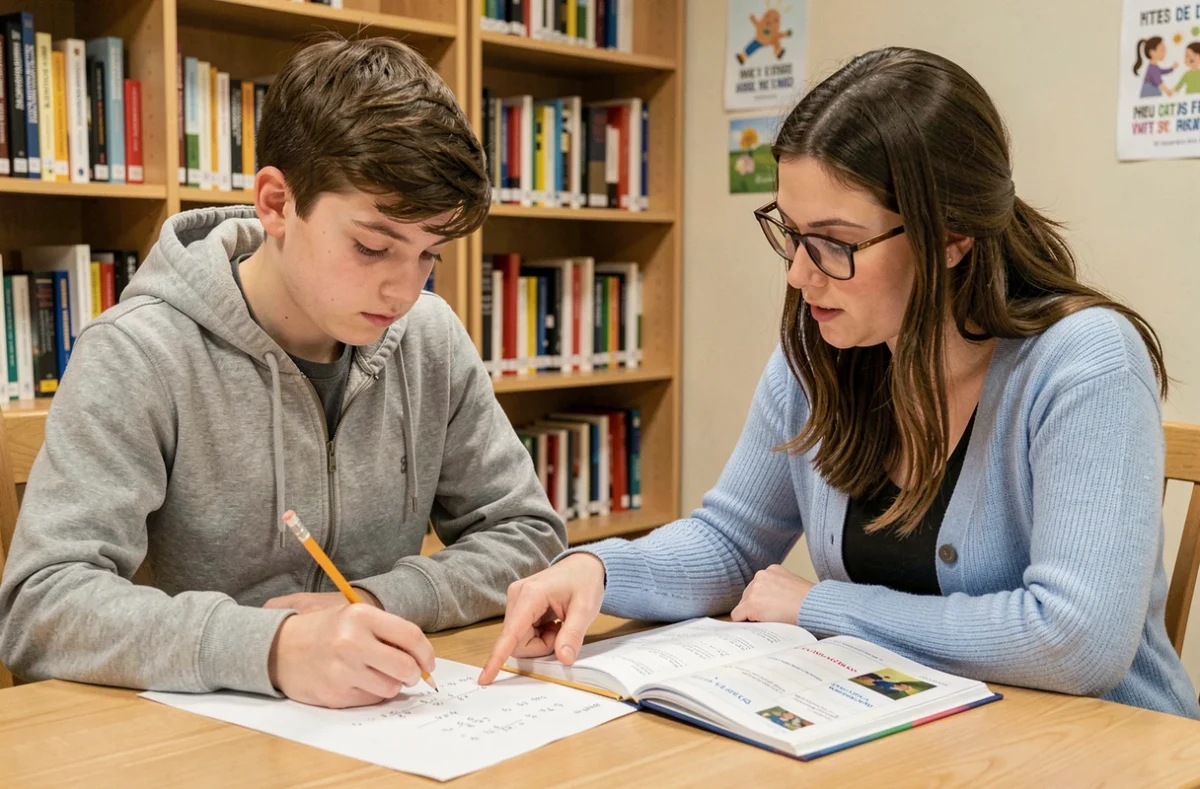 Adolescent en session de soutien scolaire en mathématiques et langues avec une tutrice dans un centre spécialisé