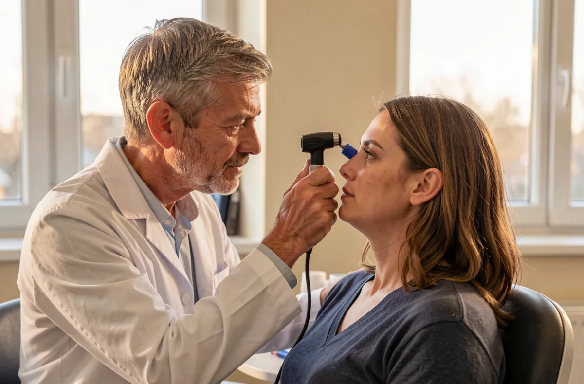 Médecin ORL examinant l'oreille d'une patiente avec un otoscope