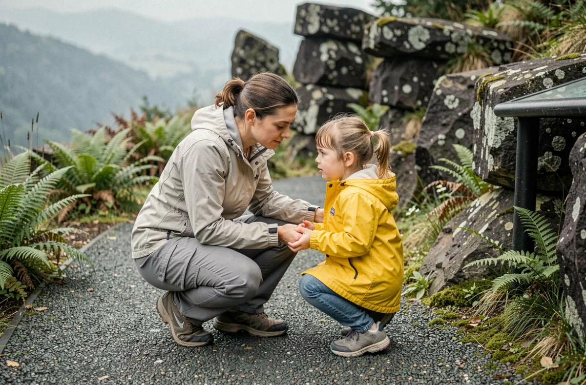 Mère et fille découvrant un panneau interactif sur un sentier nature rénové en Auvergne