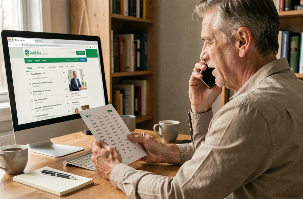 Un parent recherchant un professeur particulier en Gironde sur les Pages Jaunes depuis son bureau à domicile, avec une liste imprimée de contacts et un téléphone en main