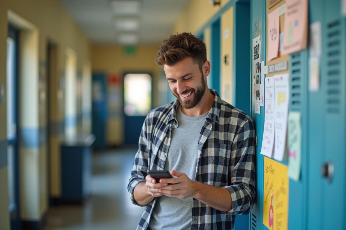 Père vérifiant son smartphone dans un couloir scolaire