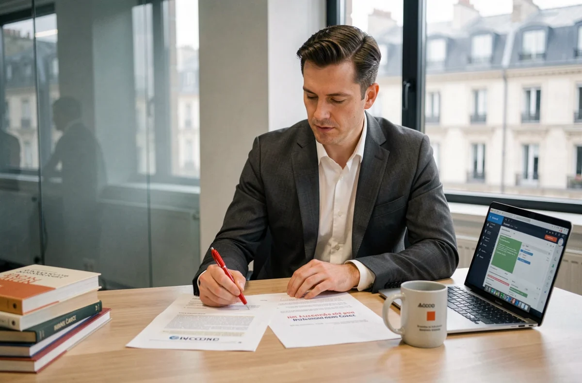 Consultant en traduction et perfectionnement en anglais révisant des documents bilingues dans un bureau professionnel moderne