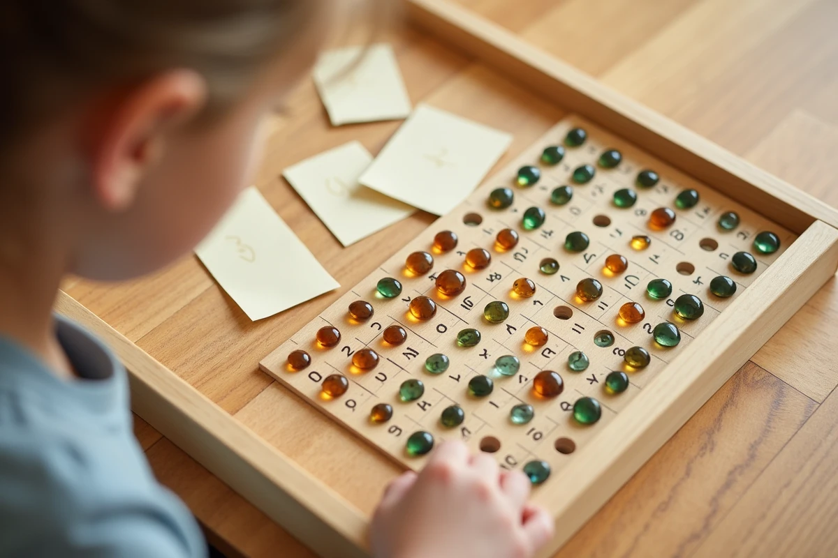 Gros plan sur un plateau de multiplication Montessori en bois avec des perles colorées et des cartes de chiffres