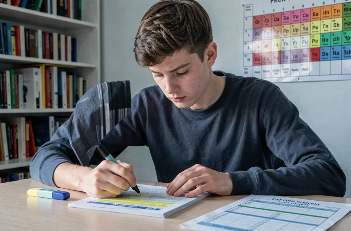 Un étudiant en terminale se préparant intensément à un concours d'entrée dans son bureau personnel, avec des livrets de préparation et un planning de révisions affiché
