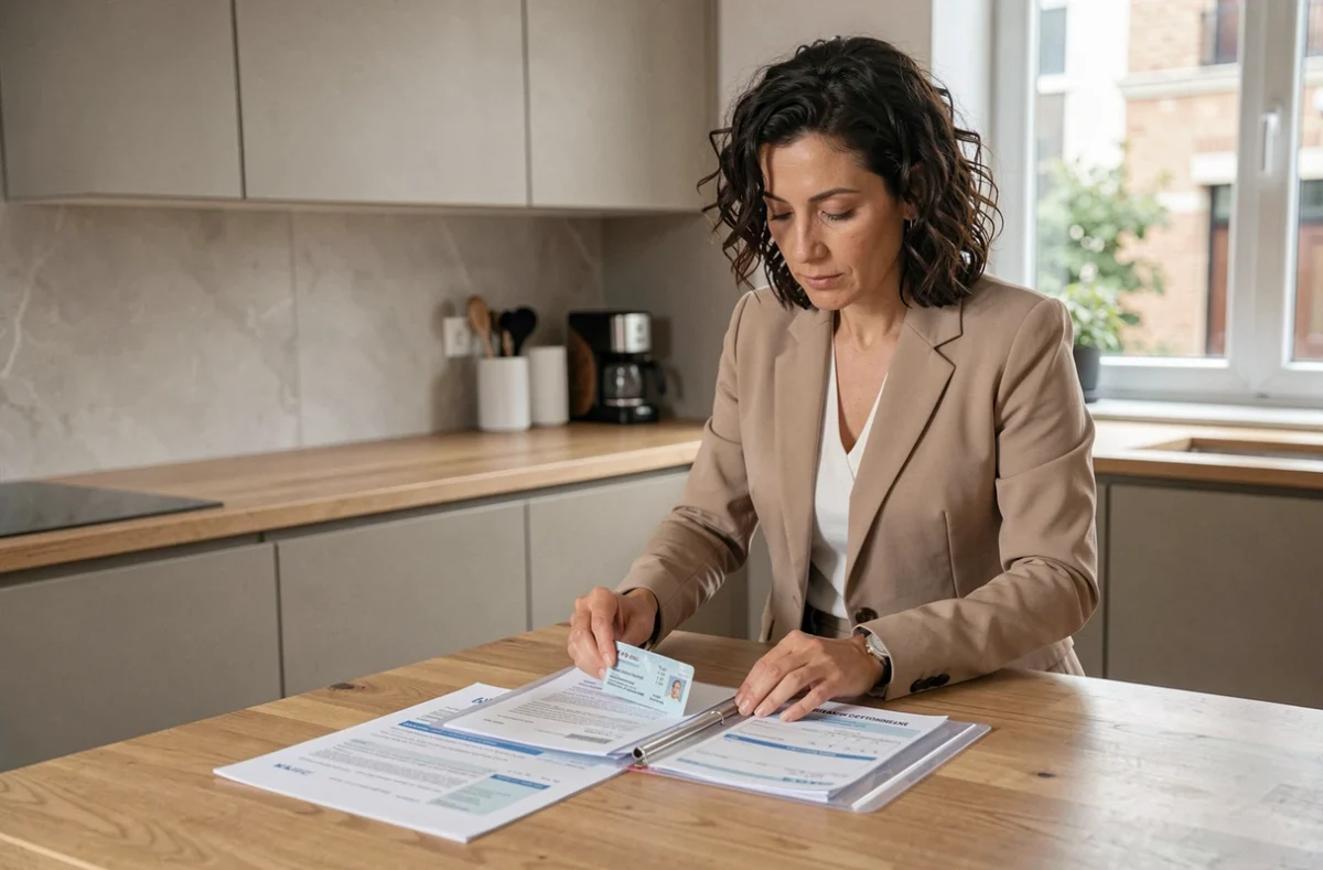 Femme organisant ses documents administratifs à domicile pour son dossier Pôle emploi après rupture conventionnelle