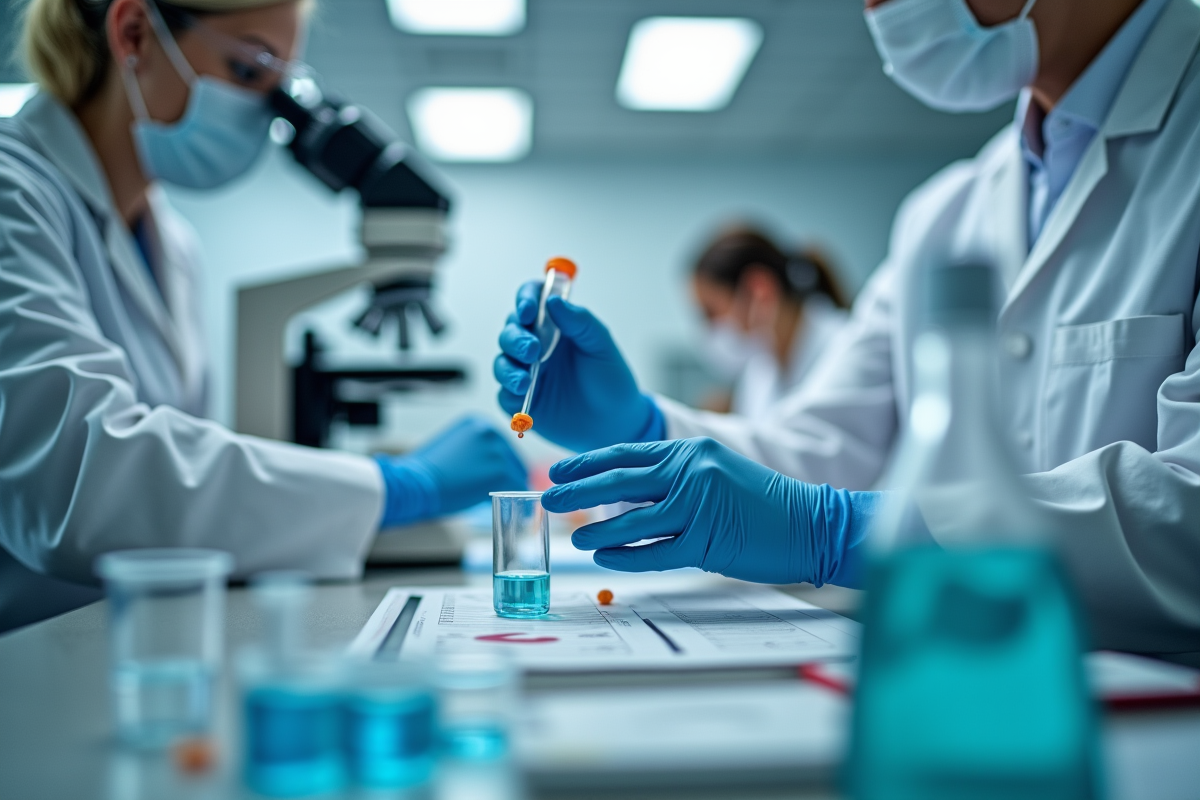 Mains effectuant une experience medicale en laboratoire