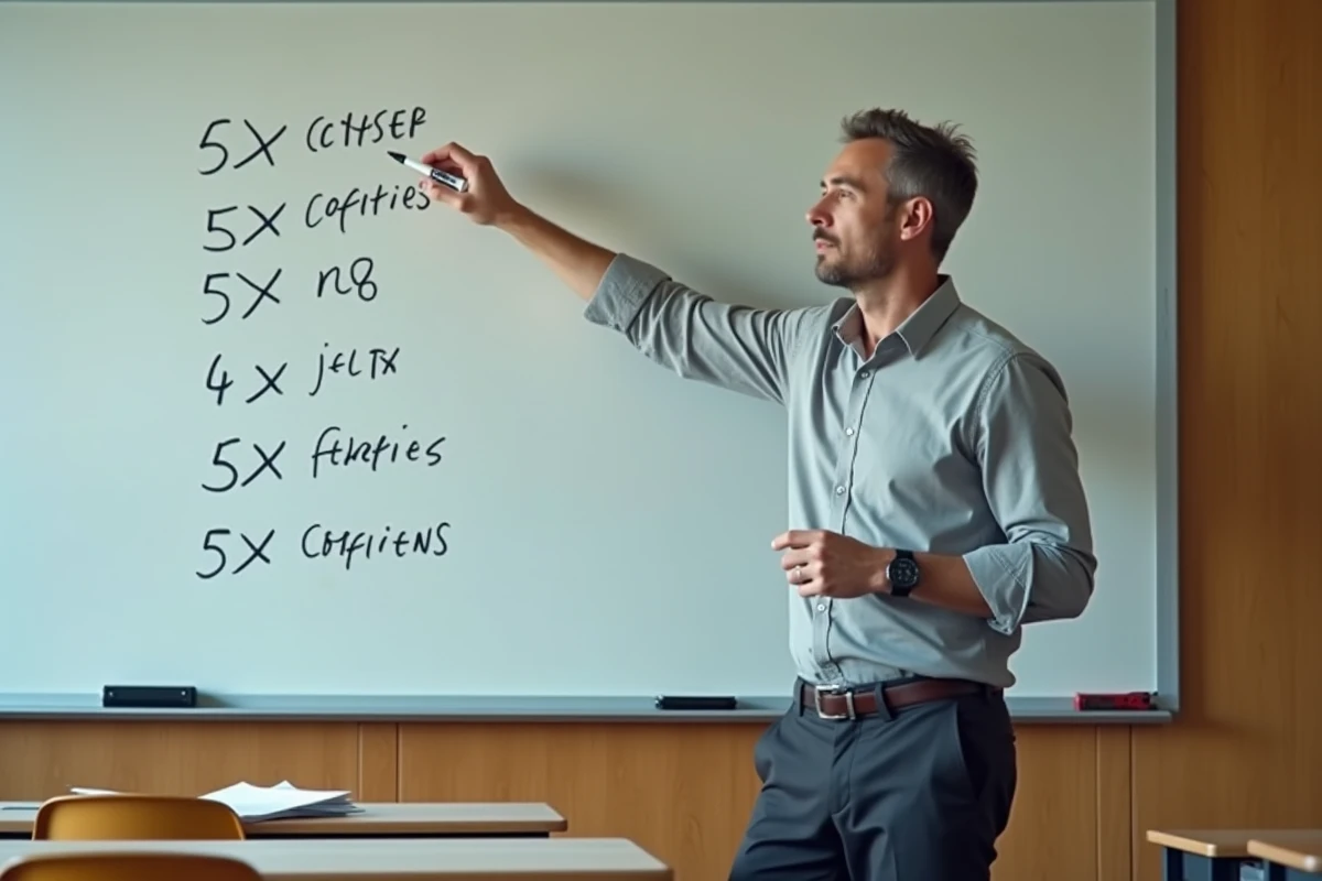 Professeur expliquant les coefficients du baccalauréat général 2026 devant un tableau de lycée