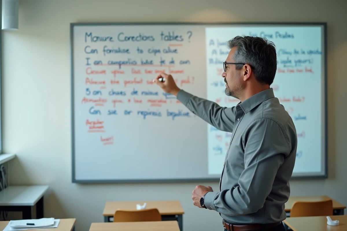 Professeur d'espagnol corrigeant des erreurs d'imparfait sur un tableau blanc devant une salle de classe