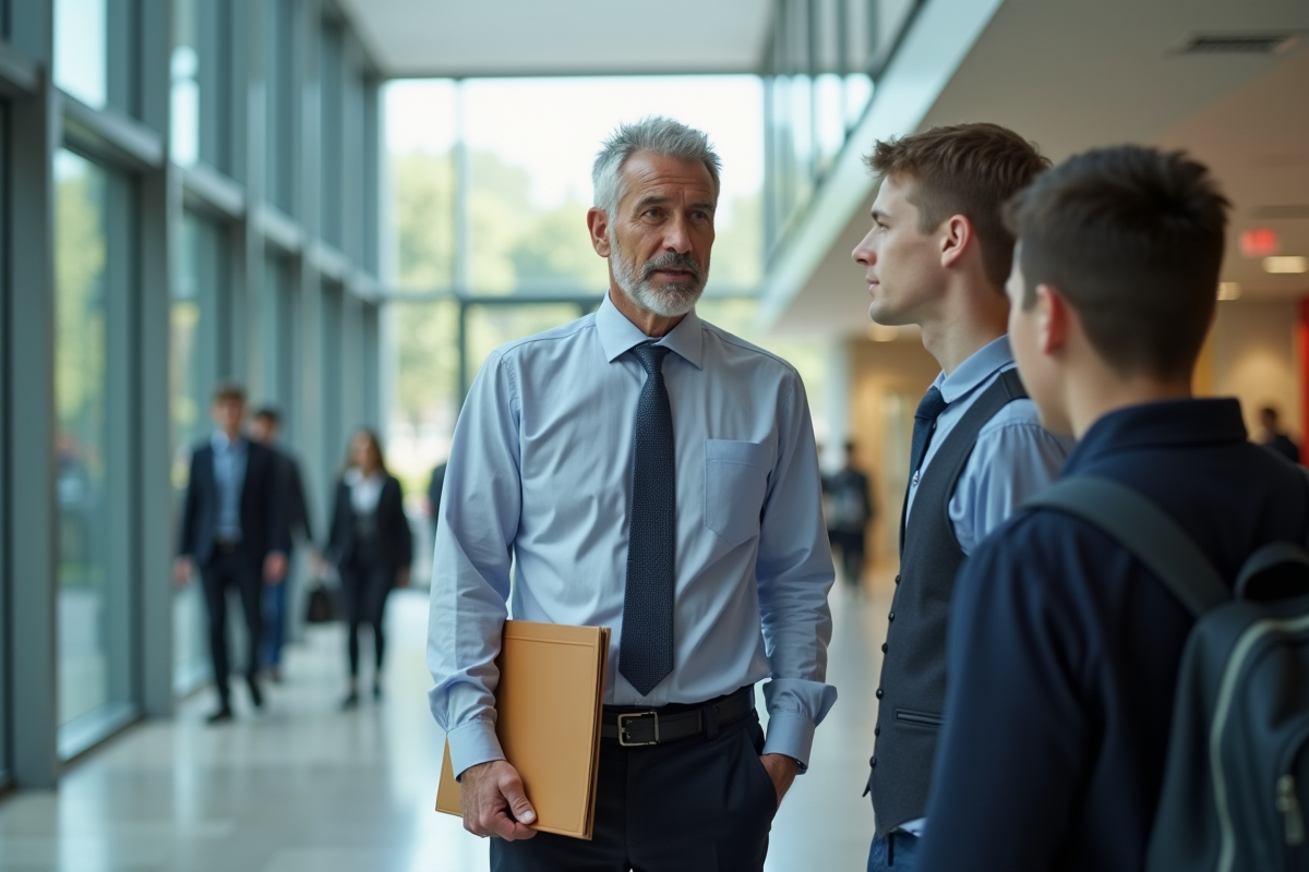 Professeur parle avec des étudiants dans un hall moderne