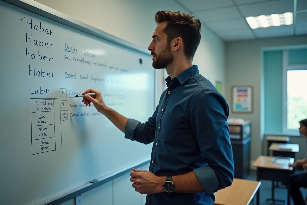 Professeur d'espagnol expliquant les temps composés avec le verbe avoir haber sur un tableau blanc dans une salle de classe