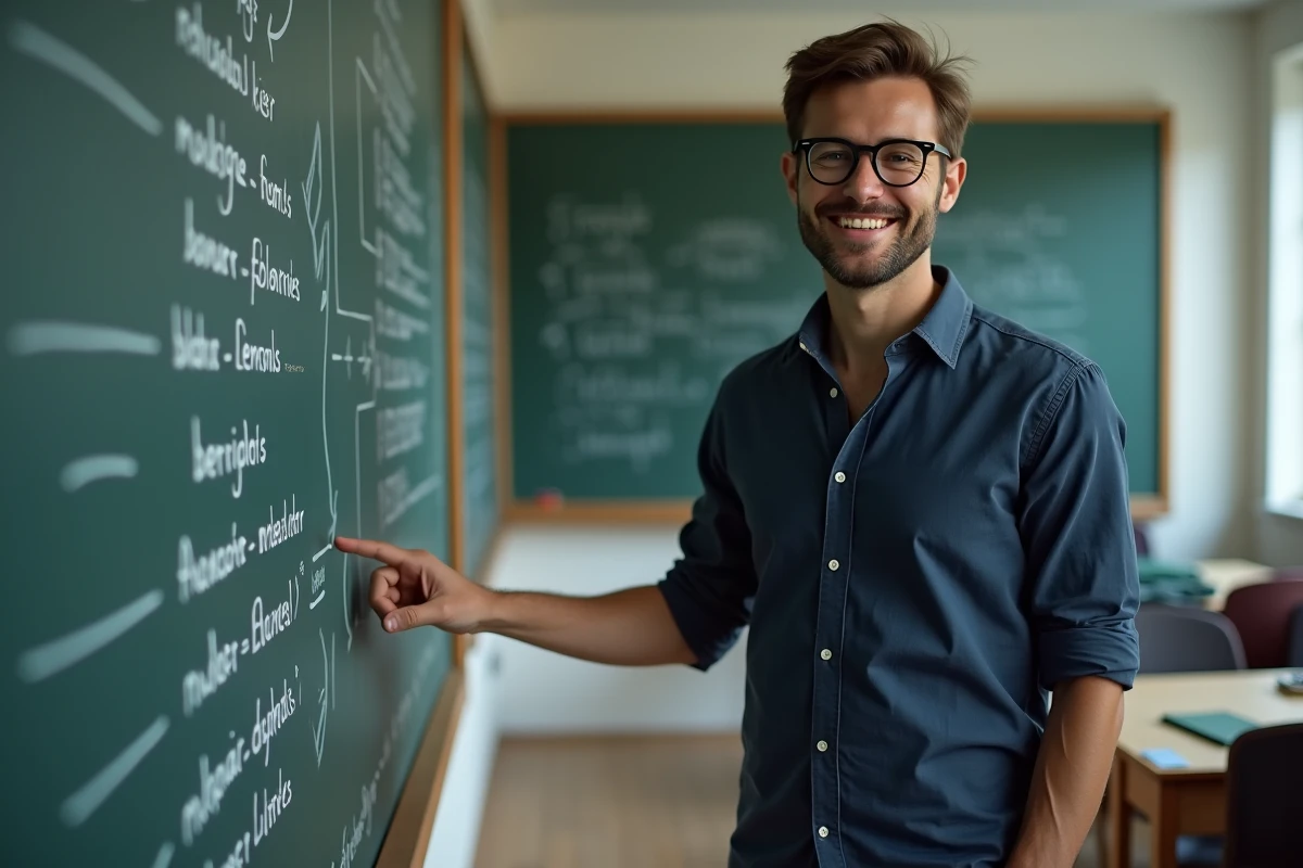 Professeur de français pointant une liste de verbes sur le tableau