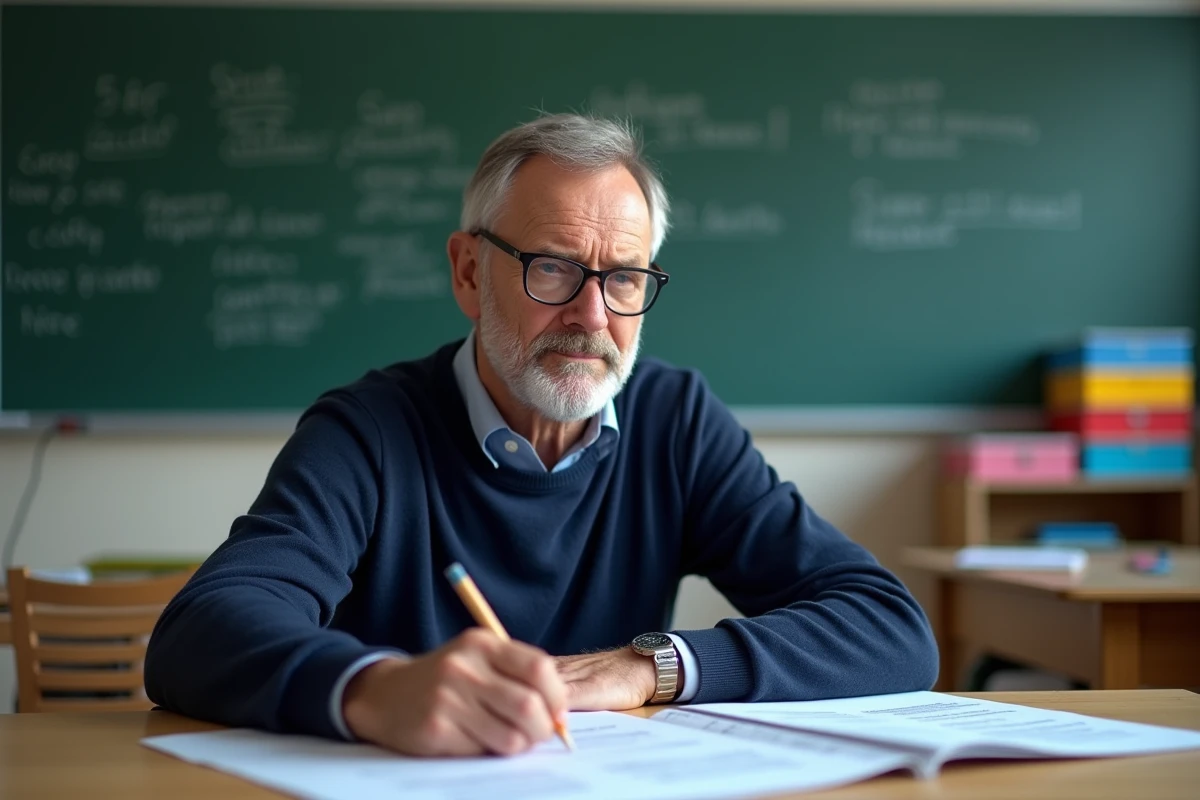 Professeur en classe examinant des documents imprimés