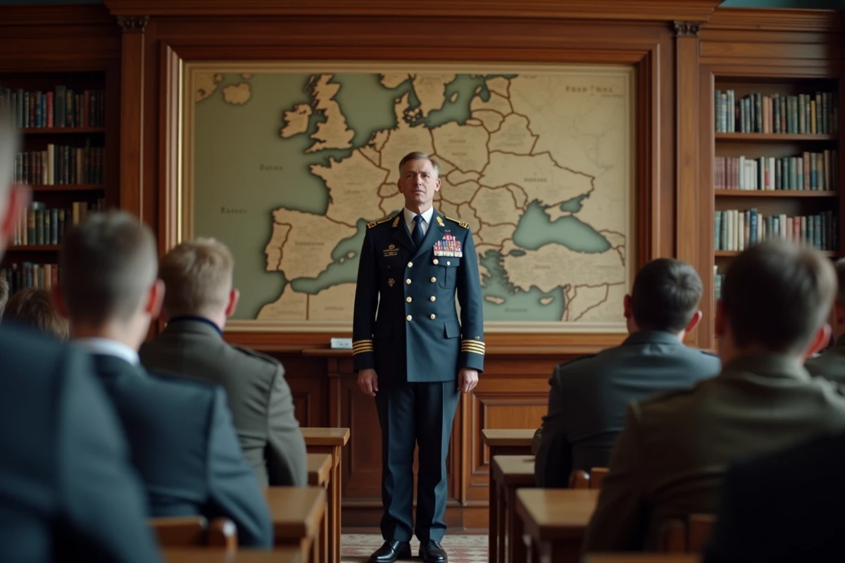 Officier professeur donnant un cours dans une salle de conférence d'une académie militaire française