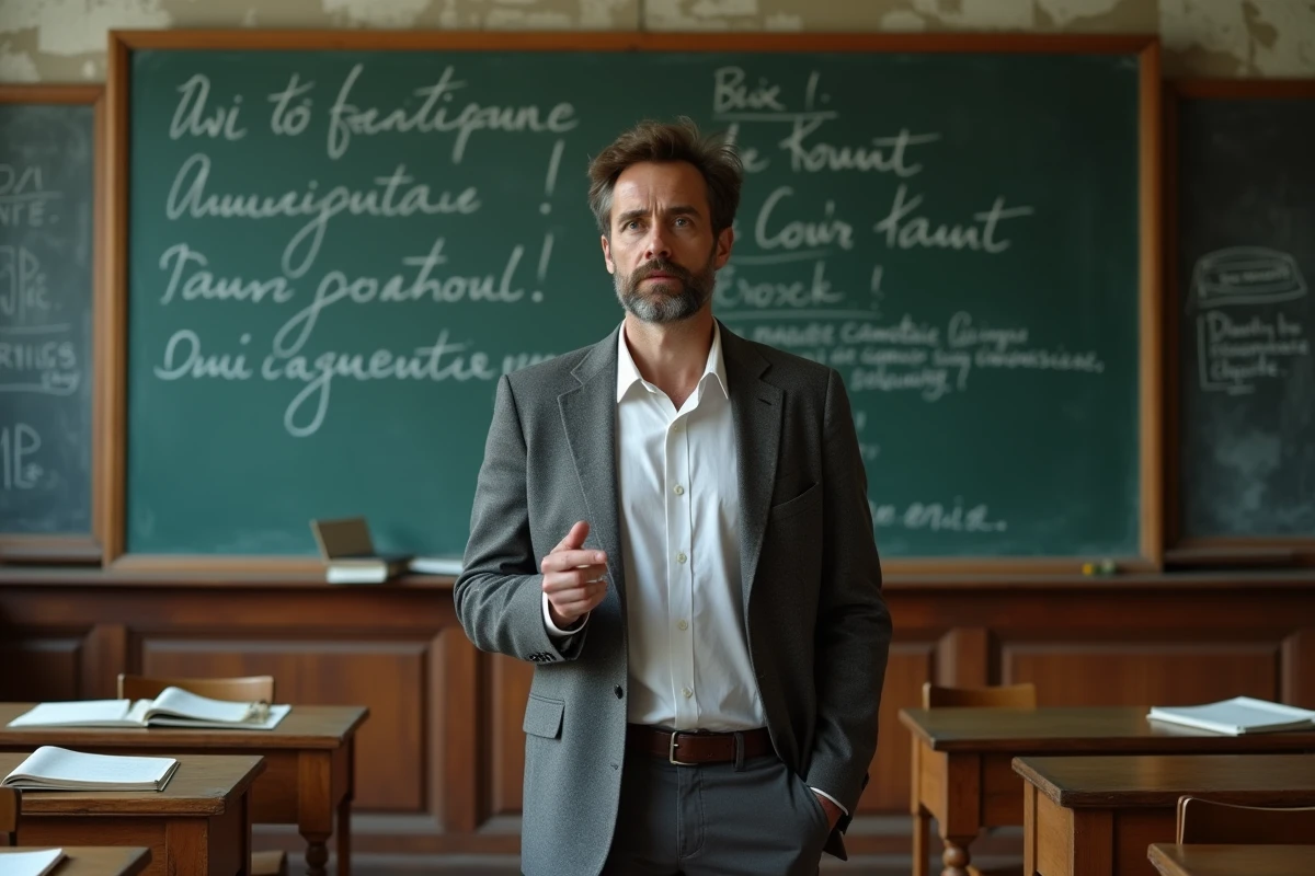 Professeur de philosophie expliquant des concepts au tableau noir dans une salle de classe de lycée français