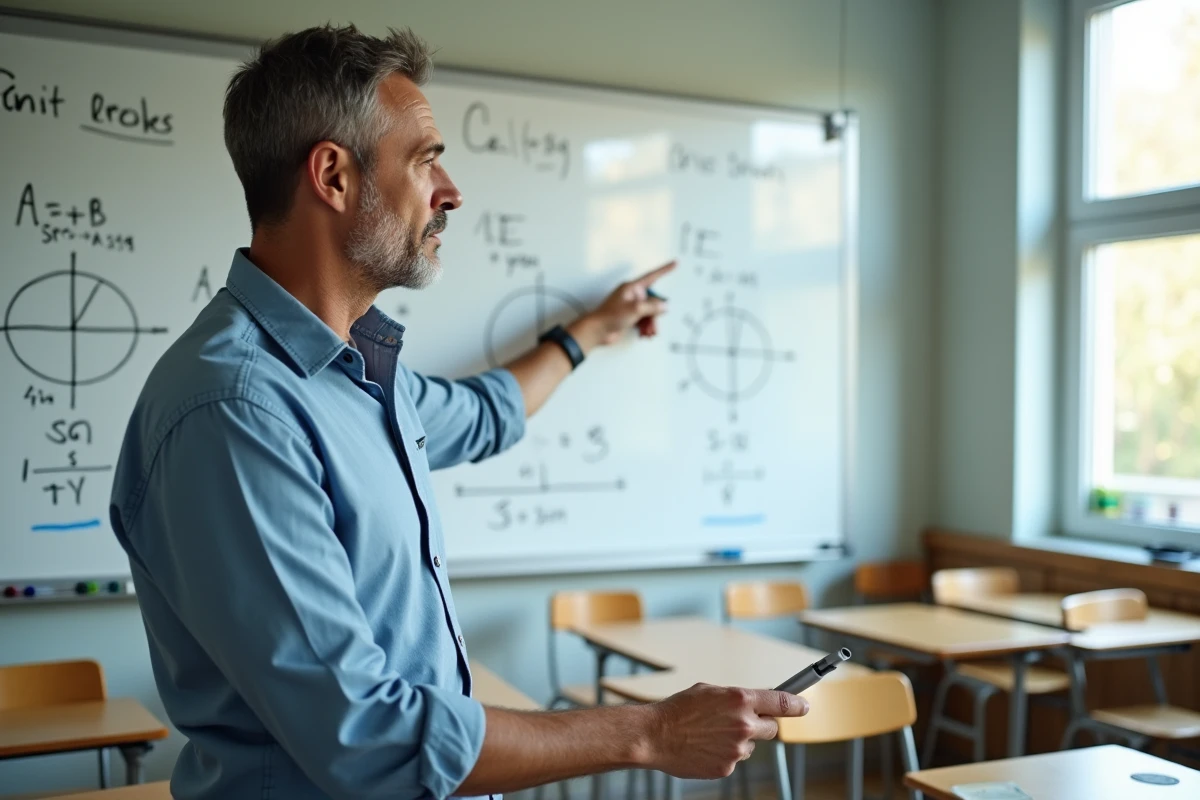 Professeur de mathématiques expliquant les formules d'addition trigonométriques cos cos sin sin au tableau blanc