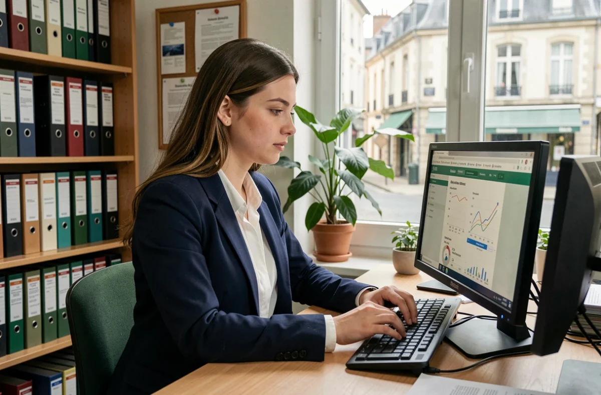 Jeune professeure nouvellement nommée naviguant seule sur l'interface de PIA Académie Orléans-Tours dans un bureau administratif