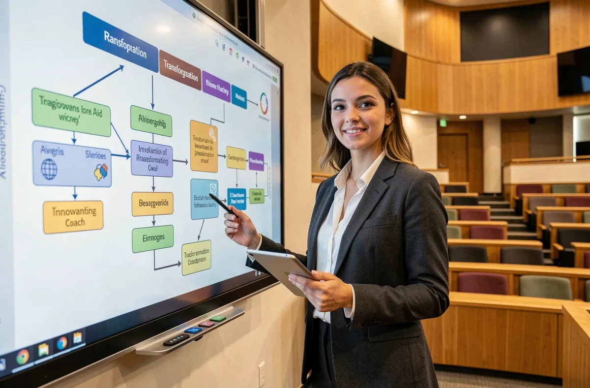 Professeure d'école de commerce présentant une stratégie de transformation numérique devant un amphithéâtre moderne