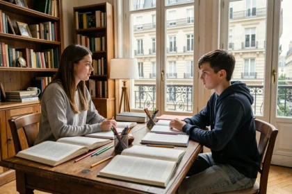 Un professeur particulier et un élève travaillent ensemble dans un appartement parisien typique avec des livres ouverts sur la table
