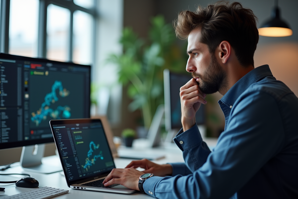 Professionnel analysant une interface de jeu digital sur son ordinateur