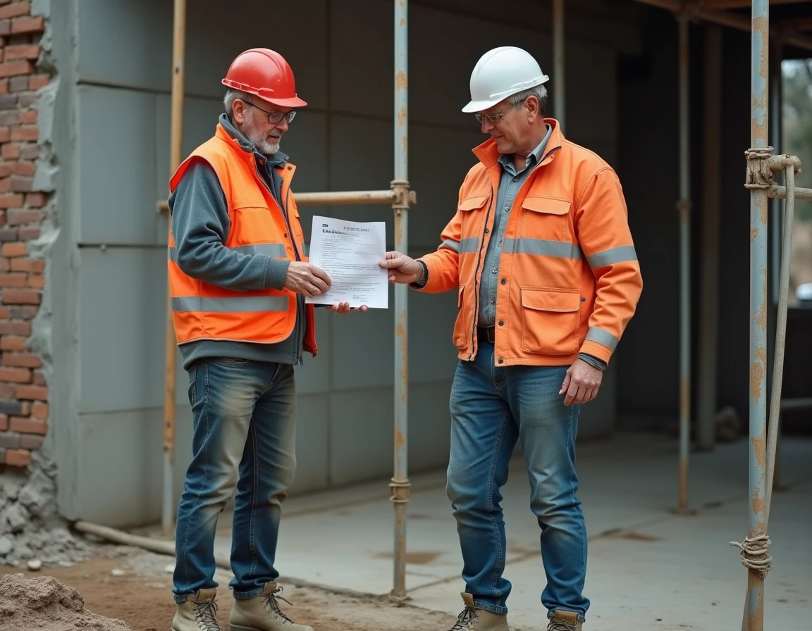 Deux professionnels du bâtiment examinant un certificat de qualification BTP sur un chantier de construction en maçonnerie
