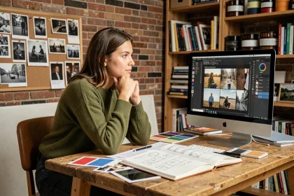 Étudiante en reconversion explorant des projets de photographie et de design visuel dans un studio créatif
