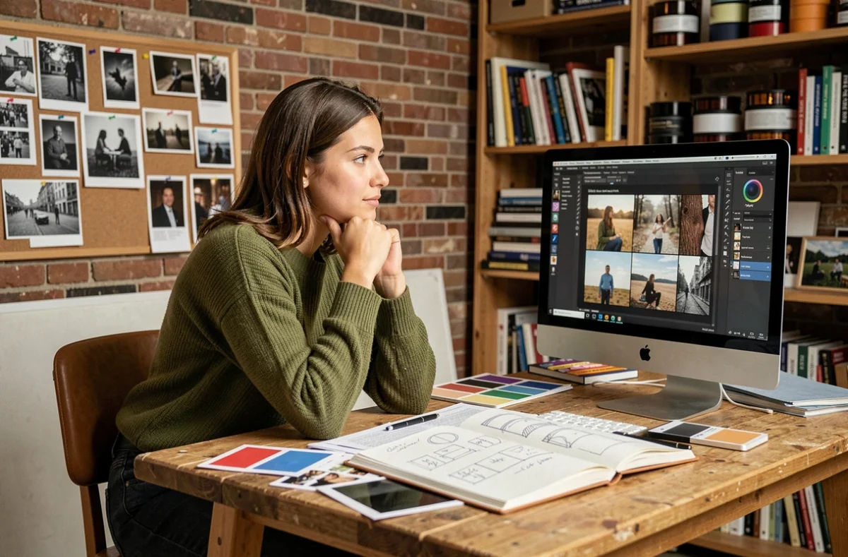Étudiante en reconversion explorant des projets de photographie et de design visuel dans un studio créatif