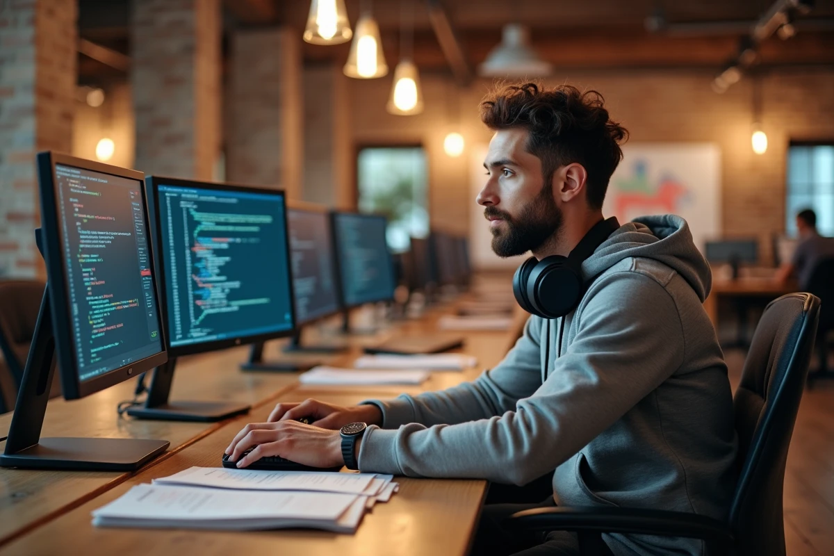 Jeune homme en reconversion professionnelle suivant une formation certifiante dans un espace de coworking moderne pour accéder à un emploi bien rémunéré
