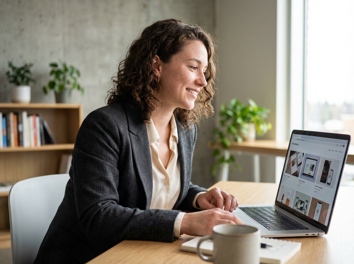 Jeune recruteuse examinant un portefeuille sur son ordinateur