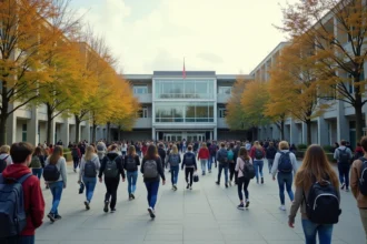 Cour de grand lycée français le jour de la rentrée scolaire avec des élèves en groupes organisés suivant des panneaux directionnels